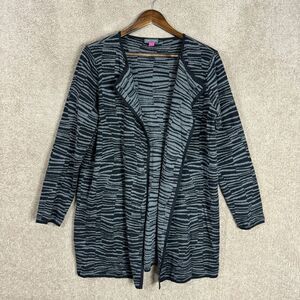 Vince Camuto Long Cardigan Womens Size Small Gray/Black Striped Zebra Open Front